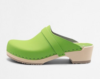VERKA Clogs | Swedish Wooden Clogs for Women | Ledig | Women Low Heel Shoes | Leather Clogs | Queen Green
