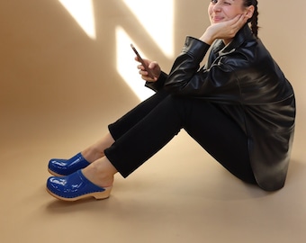 VERKA Clogs | Swedish Wooden Clogs for Women | Blomma | Women Low Heel Shoes | Leather Clogs | Cobalt Blue