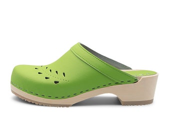 VERKA Clogs | Swedish Wooden Clogs for Women | Blomma | Women Low Heel Shoes | Leather Clogs | Queen Green