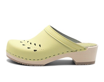 VERKA Clogs | Swedish Wooden Clogs for Women | Blomma | Women Low Heel Shoes | Leather Clogs | Mellow Yellow