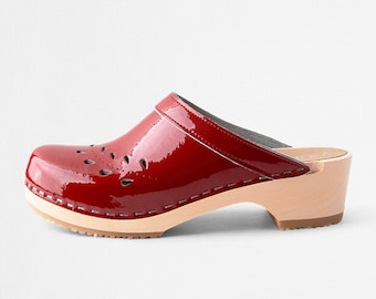 VERKA Clogs | Swedish Wooden Clogs for Women | Blomma | Women Low Heel Shoes | Leather Clogs | Daring Red