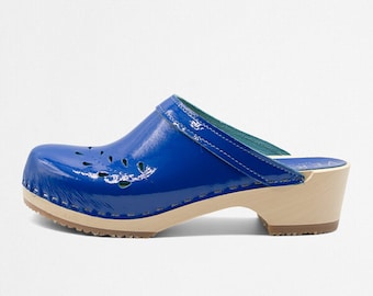 VERKA Clogs | Swedish Wooden Clogs for Women | Blomma | Women Low Heel Shoes | Leather Clogs | Cobalt Blue
