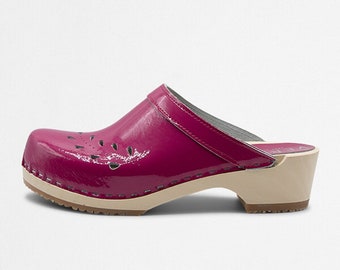 VERKA Clogs | Swedish Wooden Clogs for Women | Blomma | Women Low Heel Shoes | Leather Clogs | Hot Pink