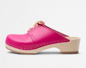 VERKA Clogs | Swedish Wooden Clogs for Women | Rosett | Women Low Heel Shoes | Leather Clogs | Cerise