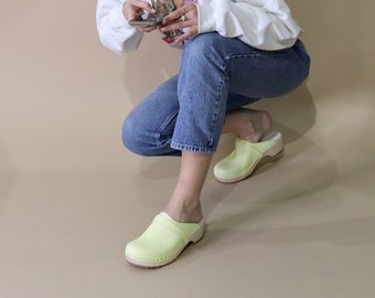 VERKA Clogs | Swedish Wooden Clogs for Women | Ledig | Women Low Heel Shoes | Leather Clogs | Mellow Yellow