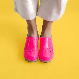 VERKA Clogs | Swedish Wooden Clogs for Women | Blomma | Women Low Heel Shoes | Leather Clogs | Neon