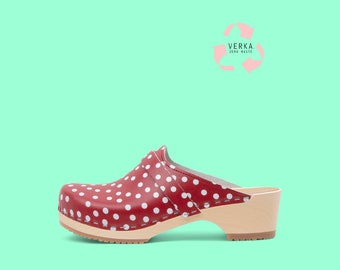 40% OFF VERKA Zero Waste | Swedish Wooden Clogs for Women | Ledig | Women Low Heel Shoes | Leather Clogs | Polka Dots