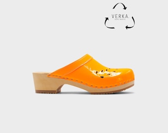 40% OFF VERKA Zero Waste | Swedish Wooden Clogs for Women | Blomma | Women Low Heel Shoes | Leather Clogs | Neon Orange