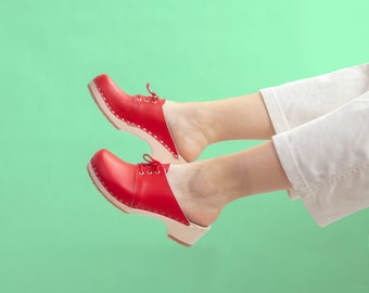 VERKA Clogs | Swedish Wooden Clogs for Women | Rosett | Women Low Heel Shoes | Leather Clogs | Lingonberry