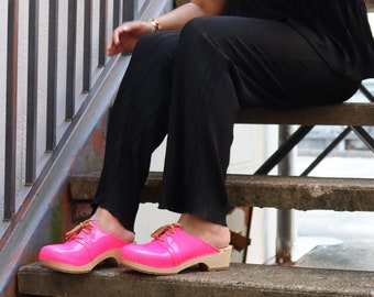 VERKA Clogs | Swedish Wooden Clogs for Women | Rosett | Women Low Heel Shoes | Leather Clogs | Neon Pink
