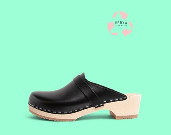 40% OFF VERKA Zero Waste | Swedish Wooden Clogs for Women | Ledig | Women Low Heel Shoes | Leather Clogs | Blackberry