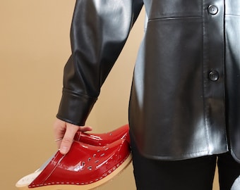 VERKA Clogs | Swedish Wooden Clogs for Women | Blomma | Women Low Heel Shoes | Leather Clogs | Daring Red