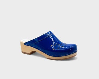 VERKA Clogs | Swedish Wooden Clogs for Women | Blomma | Women Low Heel Shoes | Leather Clogs | Cobalt Blue