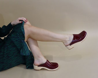 VERKA Clogs | Swedish Wooden Clogs for Women | Blomma | Women Low Heel Shoes | Leather Clogs | Cherry