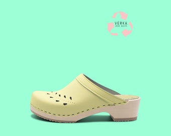 40% OFF VERKA Zero Waste | Swedish Wooden Clogs for Women | Blomma | Women Low Heel Shoes | Leather Clogs | Mellow Yellow