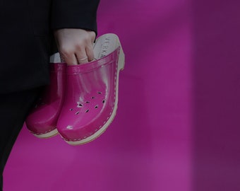 VERKA Clogs | Swedish Wooden Clogs for Women | Blomma | Women Low Heel Shoes | Leather Clogs | Hot Pink