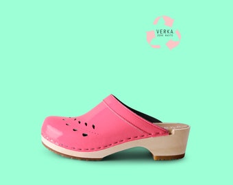 40% OFF VERKA Zero Waste | Swedish Wooden Clogs for Women | Blomma | Women Low Heel Shoes | Leather Clogs | Neonpink