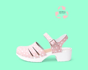 40% OFF VERKA Zero Waste | Swedish Comfort Clogs for Women | Livlig | Women Low Heel Shoes | Professional leather clogs | Pink Polka Dots