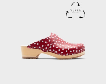 40% OFF VERKA Zero Waste | Swedish Wooden Clogs for Women | Ledig | Women Low Heel Shoes | Leather Clogs | Polka Dots