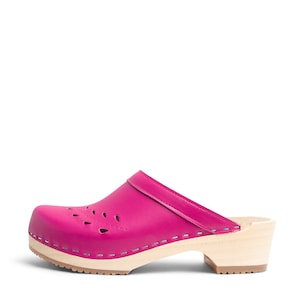 VERKA Clogs | Swedish Wooden Clogs for Women | Blomma | Women Low Heel Shoes | Leather Clogs | Cerise