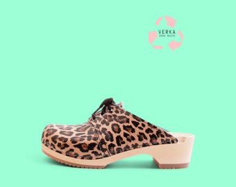 40% OFF VERKA Zero Waste | Swedish Wooden Clogs for Women | Rosett | Women Low Heel Shoes | Leather Clogs | Leopard