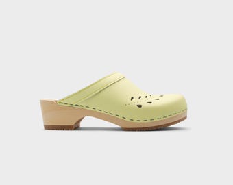 VERKA Clogs | Swedish Wooden Clogs for Women | Blomma | Women Low Heel Shoes | Leather Clogs | Mellow Yellow