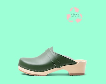 40% OFF VERKA Zero Waste | Swedish Wooden Clogs for Women | Ledig | Women Low Heel Shoes | Leather Clogs | Moss