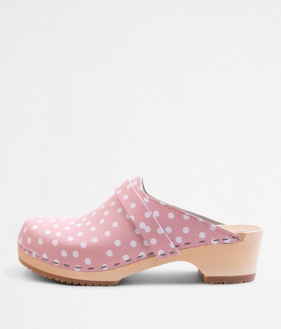 VERKA Clogs | Swedish Wooden Clogs for Women | Ledig | Women Low Heel Shoes | Leather Clogs | Pink Polkadots