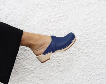 VERKA Clogs | Swedish Wooden Clogs for Women | Ledig | Women Low Heel Shoes | Leather Clogs | Blueberry