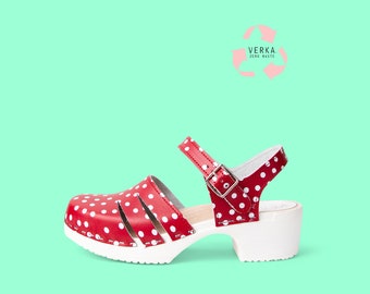 40% OFF VERKA Zero Waste | Swedish Comfort Clogs for Women | Livlig | Women Low Heel Shoes | Professional leather clogs | Red Polka Dots