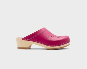 VERKA Clogs | Swedish Wooden Clogs for Women | Blomma | Women Low Heel Shoes | Leather Clogs | Cerise