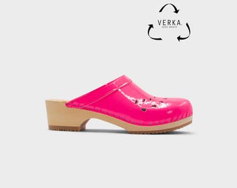 40 % DE RÉDUCTION VERKA Zéro déchet | Sabots suédois en bois pour femme | Blomma | Chaussures à talons bas pour femmes | Sabots en cuir | Rose fluo