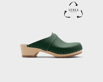 40% OFF VERKA Zero Waste | Swedish Wooden Clogs for Women | Ledig | Women Low Heel Shoes | Leather Clogs | Moss