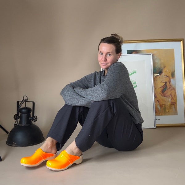 VERKA Clogs | Swedish Wooden Clogs for Women | Ledig | Women Low Heel Shoes | Leather Clogs | Neon Orange