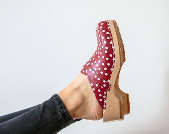 VERKA Clogs | Swedish Wooden Clogs for Women | Ledig | Women Low Heel Shoes | Leather Clogs | Polka Dots