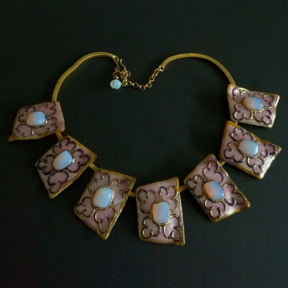 Collier Vintage Andrée Bazot En Verre émaillé Violet - Bijou Ancien Et Unique
