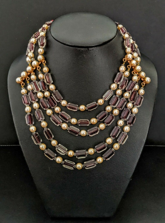 Collier De Perles Ancien En Cristal Plaqué Or - Tons Violets, Bel état D'usage, Vintage