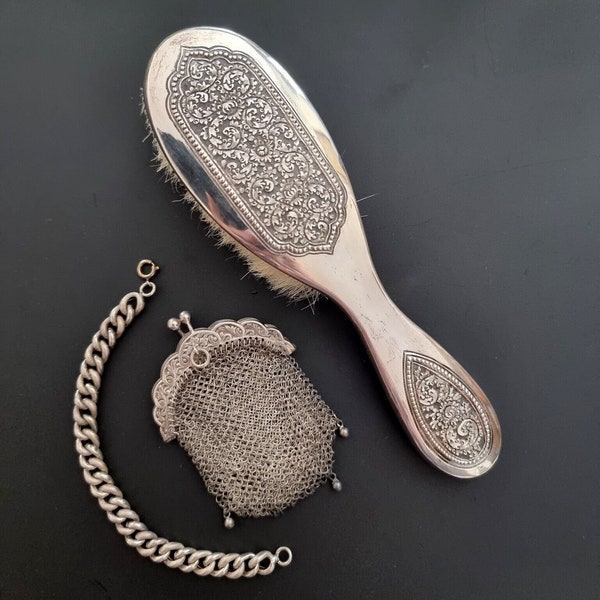 Lot De BIJOUX et ACCESSOIRES Anciens, Argent Massif: Bracelet, Bourse et Brosse