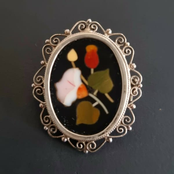 Broche Pendentif ancienne XIX PIETRA DURA, monture en argent, Brooch