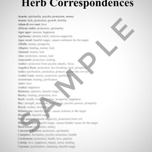 May include: A black and white list of herbs and their magical correspondences. The list includes herbs like acacia, acorn, adam & eve root, african violet, agar agar, agrimony, ague weed, alfalfa, allspice, almond, and more.