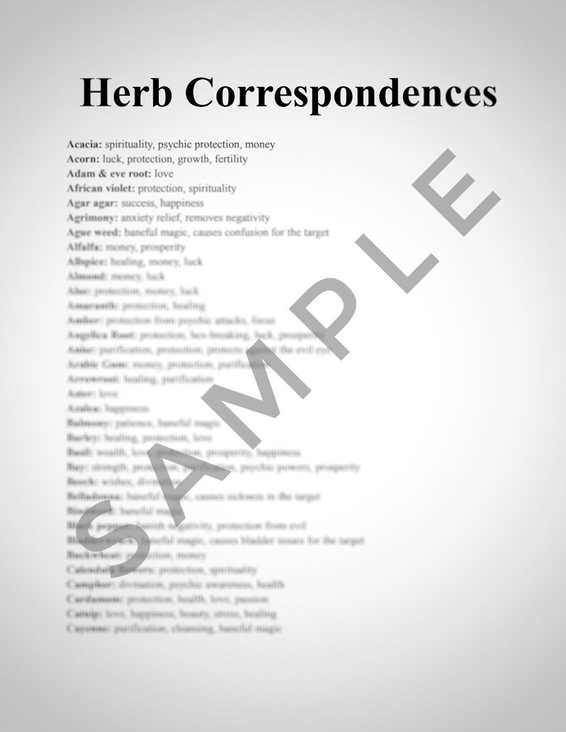 May include: A black and white list of herbs and their magical correspondences. The list includes herbs like acacia, acorn, adam & eve root, african violet, agar agar, agrimony, ague weed, alfalfa, allspice, almond, and more.