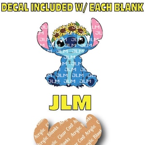 May include: A blue cartoon character with a sunflower crown, sitting with its legs crossed. The character is on a white background with the text "DECAL INCLUDED W/ EACH BLANK" at the top and "JLM" in large yellow letters below the character. The text "SVG Not Included With Decal Combo" is at the bottom of the image.
