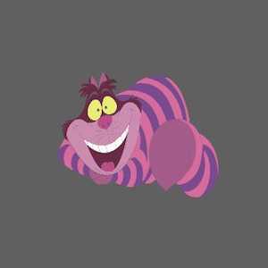 May include: A purple and pink striped cat with a wide grin and large yellow eyes. The cat is lying on its side with its paws tucked under its body.