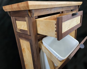 Handcrafted Freestanding Cabinet with Butcherblock Top | Hidden Trash Storage | Kitchen Island with Storage - MADE TO ORDER - Made in Nh