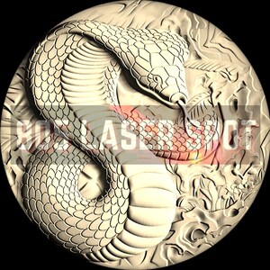 May include: A detailed, three-dimensional carving of a snake with scales, set against a background of stylized floral designs. The snake is coiled and its head is raised, with its mouth open.