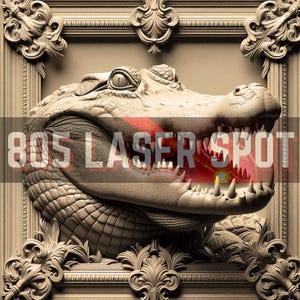 May include: A detailed, 3D carved image of an alligator's head in a decorative frame. The alligator's mouth is open, revealing sharp teeth. The image is carved in a light brown color and has a textured surface.