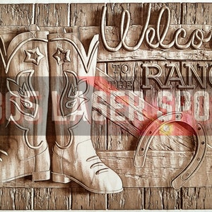 Digitales Design - Willkommen auf der Ranch - Glowforge - Laser bereit - Gravur - SVG - 10 "x 14" - Holzgravur - 3D Illusion