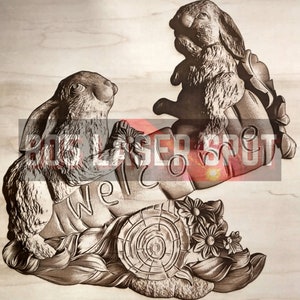 Digitale Design Datei - Hasen Willkommen - Glowforge - Laser Ready - Gravieren - SVG - 10"x 9,8" - Holzgravur - 3D Illusion