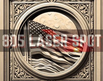 May include: A carved wooden frame with an ornate design surrounds a circular image of an American flag waving in the wind. The flag is in the center of the circle, with a moon and stars in the background.