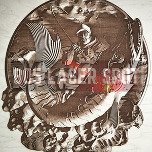 Digital Design File - Fisherman - Glowforge - Laser Ready - Engrave - SVG - 10&quot; x 9&quot; - Wood Engraving - 3D Illusion